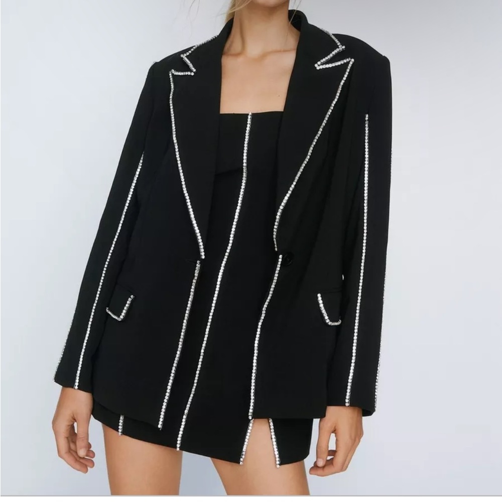 Nasty Gal Premium Diamanté Trim Rhinestone Blazer Size 2 Holiday